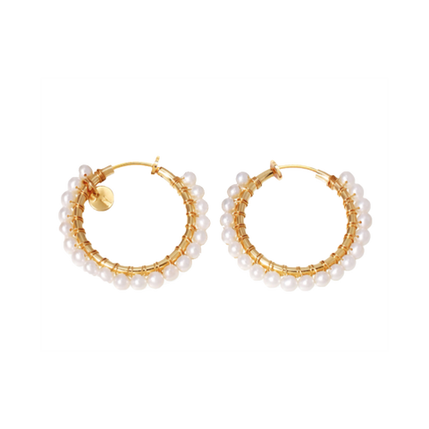 NATURALI JEWELRY 14K Gold Plated French Style Mini Chanel Wind Freshwater Pearl Circular Stud Earrings #M Size 1 Pair - Pre-order