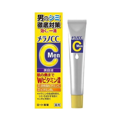 ROHTO Melano CC Men Medicated Whitening Essence 20ml for Men helps to lighten dark spots, control oil, and prevent acne.