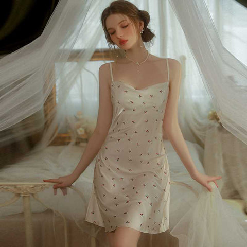 FOX Elegant Ice Silk Sling Mini Floral Sweet Nightgown Champagne #M Size Champagne 1 piece