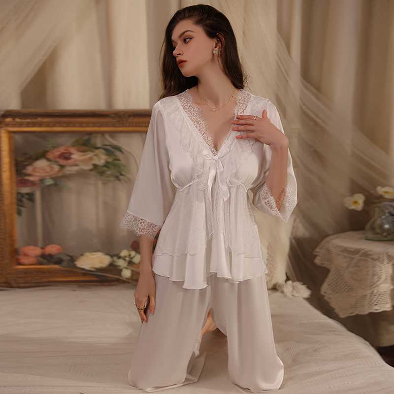 FOX silky satin deep V with chest pad lace home wear set #L size white 1 set