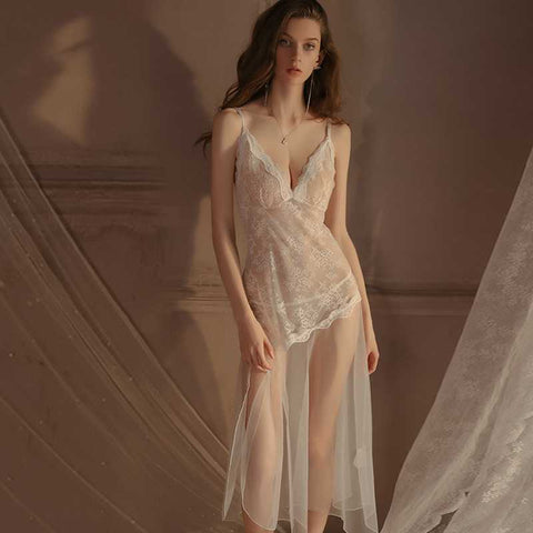 FOX luxury deep V lace pure desire suspender nightdress #M size white 1 set