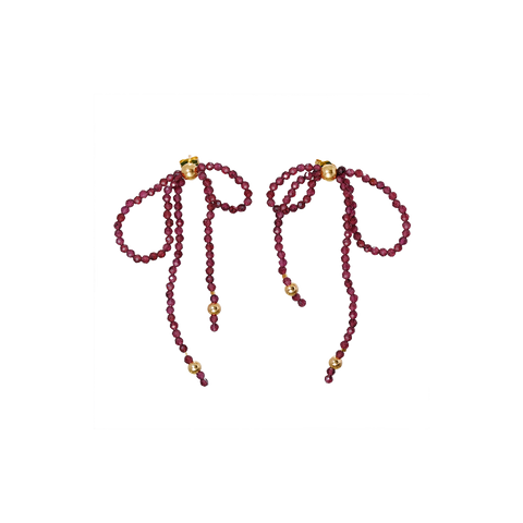 NATURALI JEWELRY 14K Gold Plated Garnet Tassel Bow Earrings 1 Pair - Pre-order