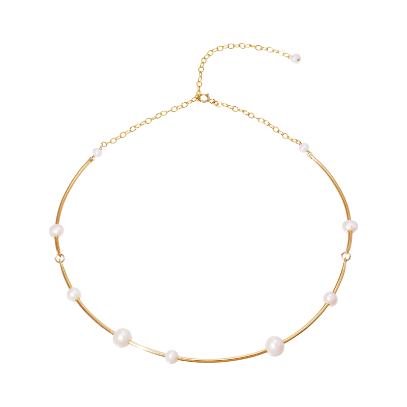 NATURALI JEWELRY 14K Gold Plated Curved Freshwater Pearl Metal Choker Necklace 1 piece - Pre-order