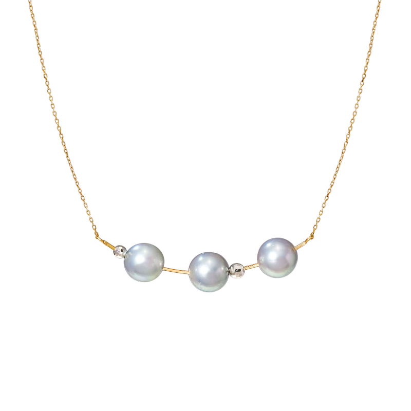 NATURALI JEWELRY 10K Yellow Gold Silk Gray-Green Akoya Pearl Triple Strand Necklace 1 piece - Pre-order
