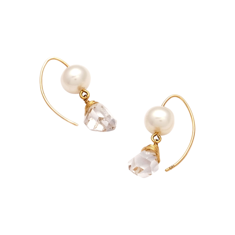 NATURALI JEWELRY 10K Yellow Gold Herkimer Crystal & Freshwater Pearl Apricot-shaped Earrings 1 Pair - Pre-order