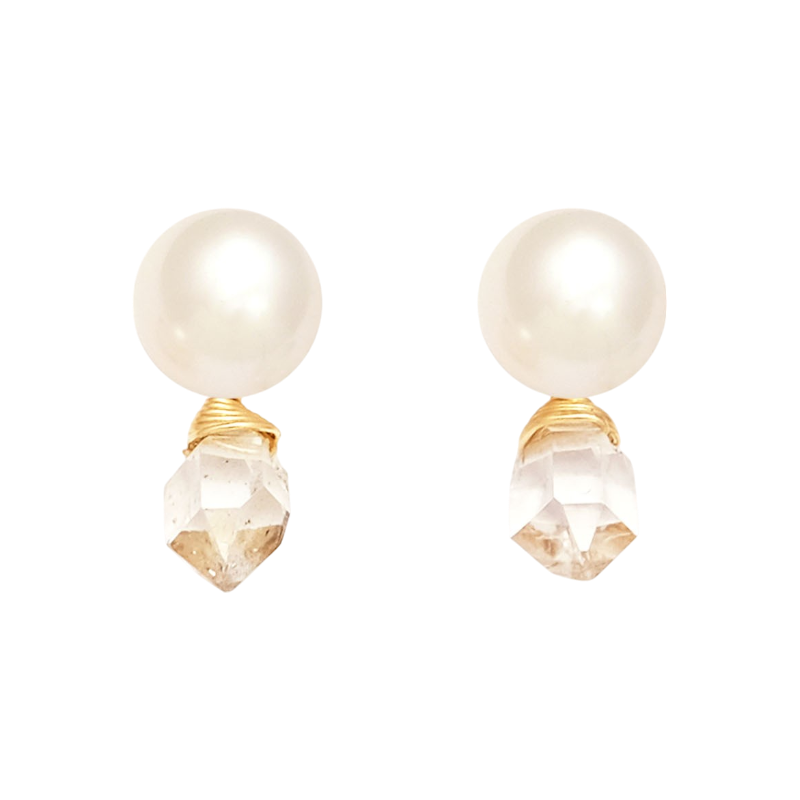 NATURALI JEWELRY 10K Yellow Gold Herkimer Crystal & Freshwater Pearl 2WAY Earrings 1 Pair - Pre-order