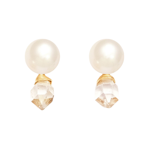 NATURALI JEWELRY 10K Yellow Gold Herkimer Crystal & Freshwater Pearl 2WAY Earrings 1 Pair - Pre-order