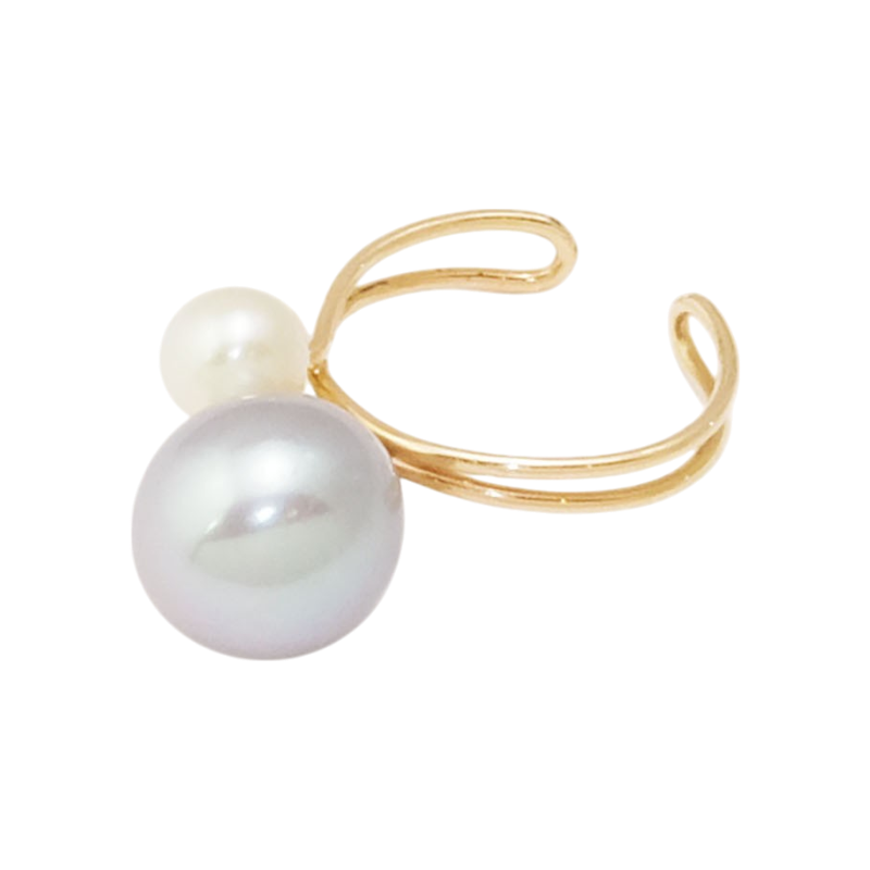 NATURALI JEWELRY 10K Yellow Gold Double Pearl Ear Cuff #Gray-white 1 piece - Pre-order