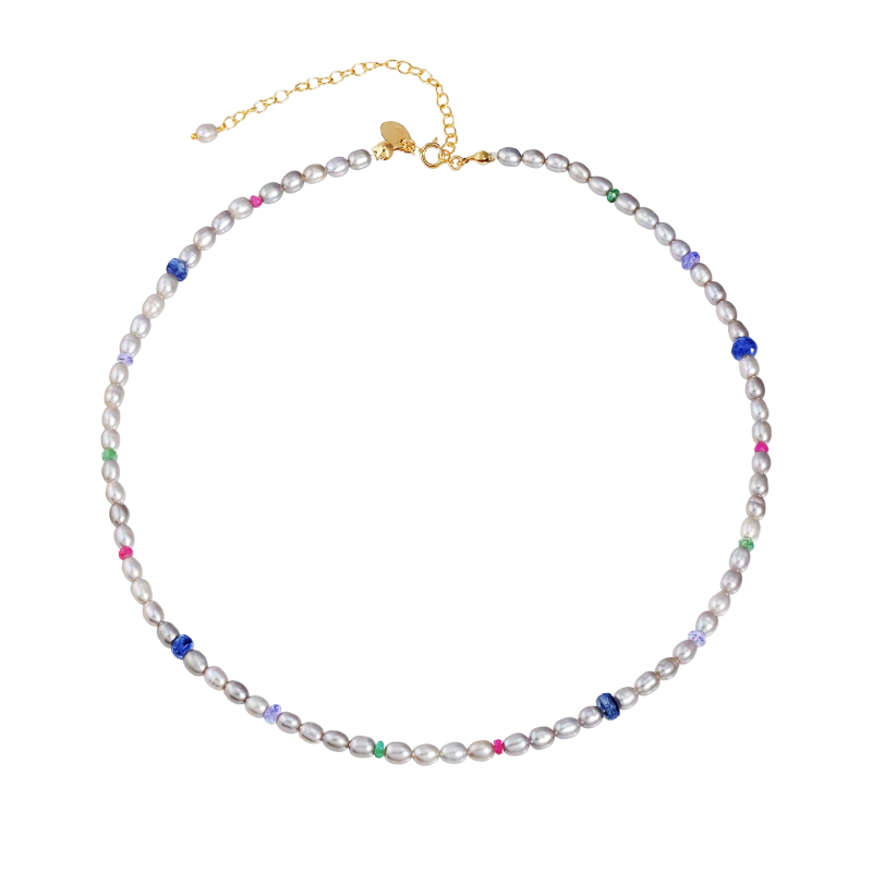 NATURALI JEWELRY 14K Gold Plated pearl & gemstone necklace #grey 1 piece - Pre-order