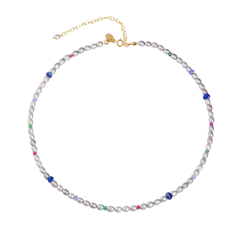 NATURALI JEWELRY 14K Gold Plated pearl & gemstone necklace #grey 1 piece - Pre-order